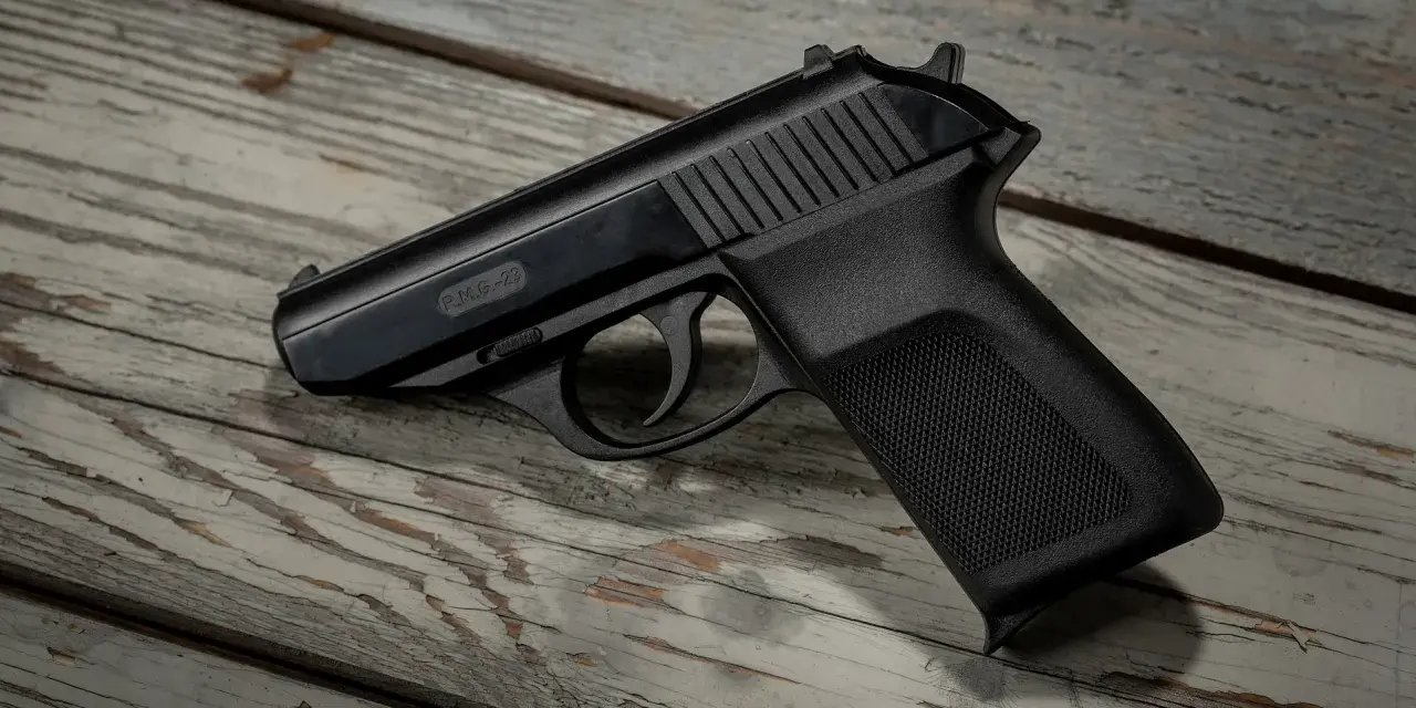 Czarny pistolet gazowy P.M.G.-23 leżący na drewnianym blacie.