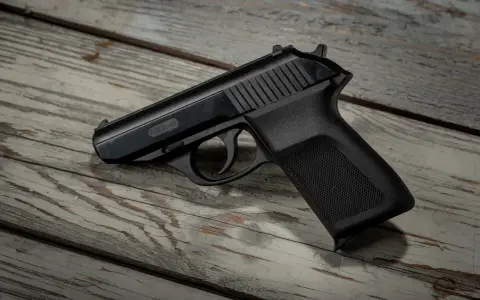 Czarny pistolet gazowy P.M.G.-23 leżący na drewnianym blacie.