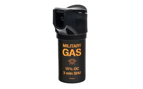 Czarny gaz pieprzowy "MILITARY GAS" z pomarańczowym napisem, na białym tle.
