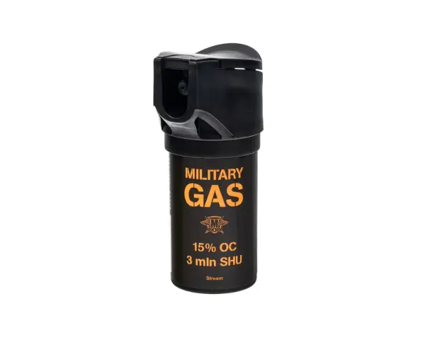 Czarny gaz pieprzowy "MILITARY GAS" z pomarańczowym napisem, na białym tle.